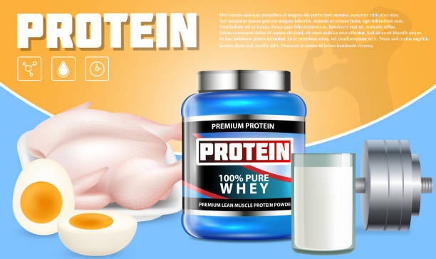 Protein products vector advertising template Protein products advertising template. Vector realistic illustration of whey protein powder container package design template, glass of protein shake, chicken meat, eggs and weight training barbell. protein powder bottle stock illustrations