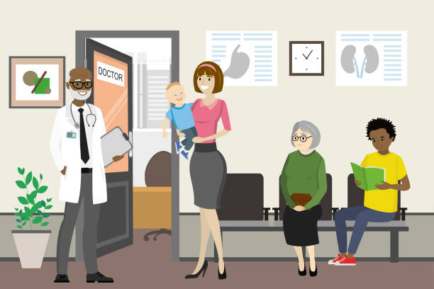 african american doctor and waiting people near doctor office Cartoon african american doctor and waiting people near doctor office,hall interior with open door, flat vector illustration hospital humor cartoon stock illustrations