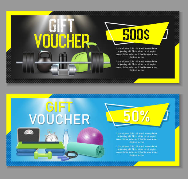 Fitness gift voucher vector template set Fitness gift voucher template set. Vector illustration. Gift certificate, discount coupon, voucher mockup set for gym, fitness center or health club. gym drawings stock illustrations