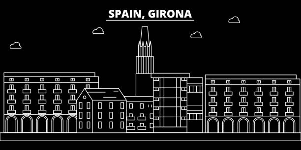 赫羅納剪影天際線。西班牙-赫羅納媒介城市, 西班牙線性建築學, 大廈。赫羅納旅遊插圖, 勾勒地標。西班牙平面圖標, 西班牙文線橫幅 - girona 幅插畫檔、美工圖案、卡通及圖標
