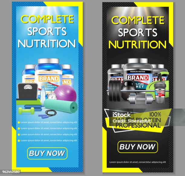 Complete Sports Nutrition Vector Banner Set Stock Illustration - Download Image Now - Vector, Energy Drink, Ground - Culinary