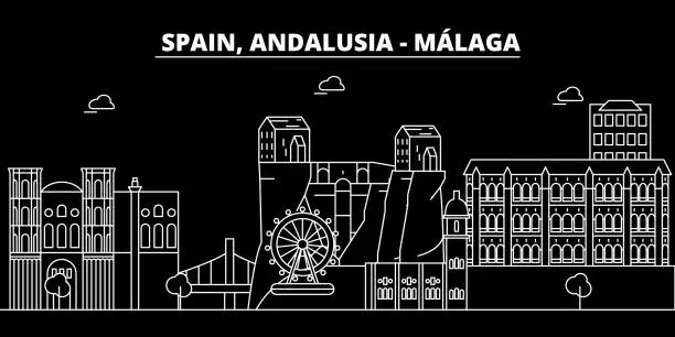 Vector illustration of Malaga, Andalusia silhouette skyline. Spain - Malaga vector city, spanish linear architecture. Malaga, Andalusia line travel illustration, landmarks. Spain flat icon, spanish outline design banner