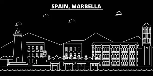 Vector illustration of Marbella silhouette skyline. Spain - Marbella vector city, spanish linear architecture, buildings. Marbella travel illustration, outline landmarks. Spain flat icon, spanish line banner
