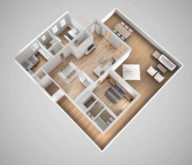 istock Apartment flat top view, furniture and decors, plan, cross section interior design, architect designer concept idea, gray background 962443476