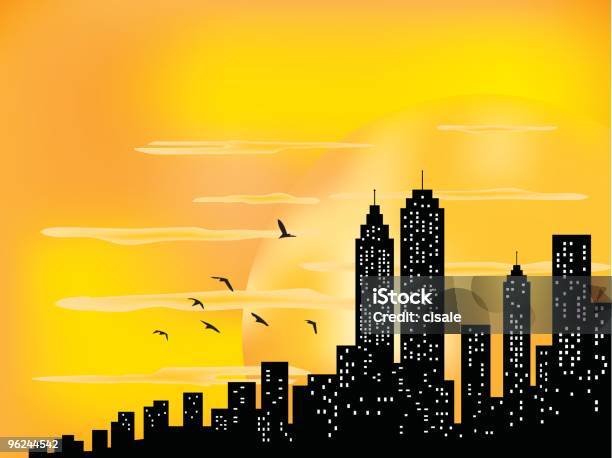 Ilustración de Horizonte De La Ciudad Y Ahining Sol Con Aves Siluetas Ilustración y más Vectores Libres de Derechos de Verano