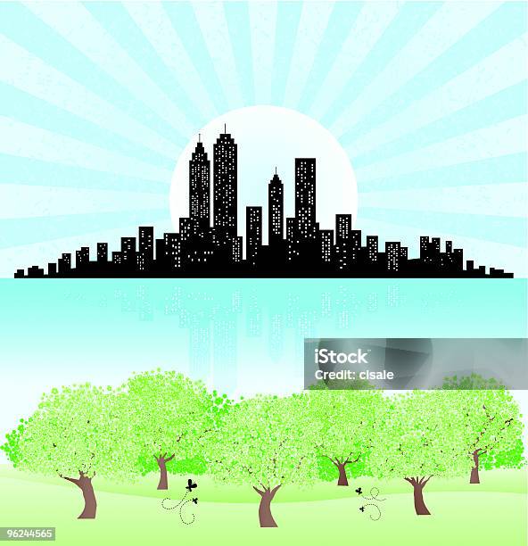 En Été Et Au Printemps Vue Sur La Ville Et Le Parc Avec Le Soleil Brille Étang Vecteurs libres de droits et plus d'images vectorielles de Arbre