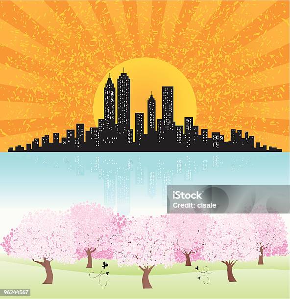 Primavera Verão Cidade Skyline E Parque Com Sol Brilhante Pond - Arte vetorial de stock e mais imagens de Admirar a Vista