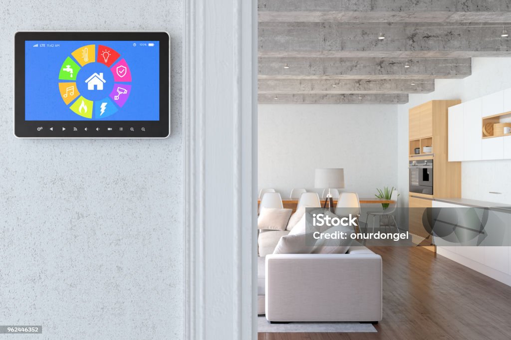 Smart screen with modern living room Home Automation Stock Photo