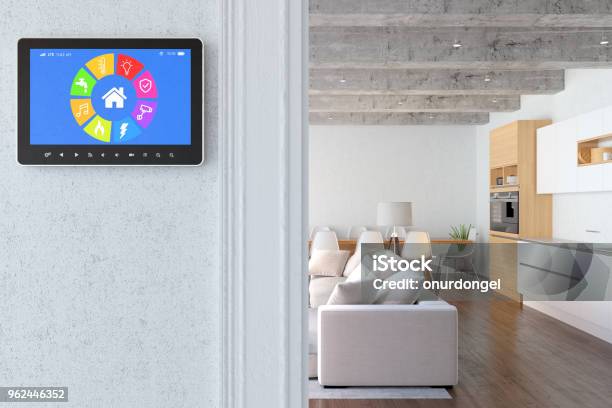 Smart Screen With Modern Living Room Stock Photo - Download Image Now - Home Automation, Domestic Life, Residential Building
