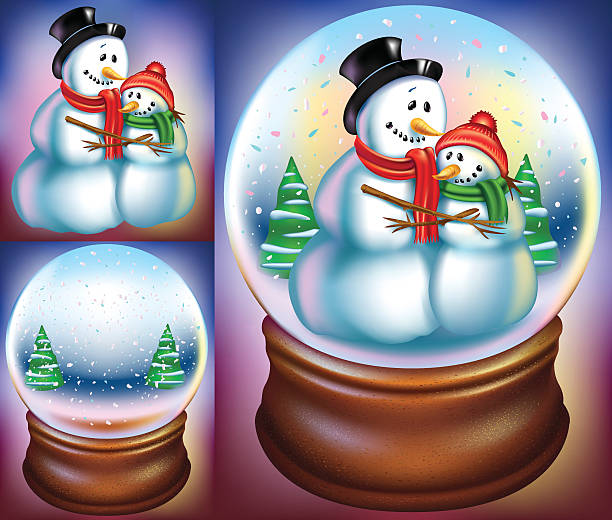 Snowman Father Son in a snow globe vector art illustration