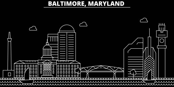 illustrazioni stock, clip art, cartoni animati e icone di tendenza di skyline silhouette di baltimora. usa - baltimora vector city, architettura lineare americana, edifici. illustrazione di viaggio di baltimora, punti di riferimento del contorno. icona piatta usa, striscione linea americana - baltimore church old building exterior