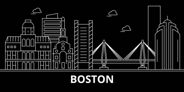бостон город силуэт горизонта. сша - бостонский город векторный город, американская линейная архитектура, здания. бостон город путешествия  - boston skyline night silhouette stock illustrations