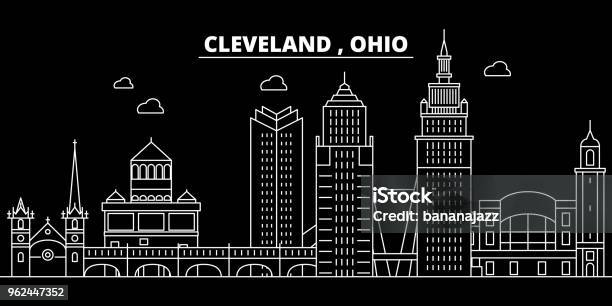 Cleveland Silhouette Skyline Usa Cleveland Vector City American Linear Architecture Buildings Cleveland Travel Illustration Outline Landmarks Usa Flat Icon American Line Banner Stock Illustration - Download Image Now