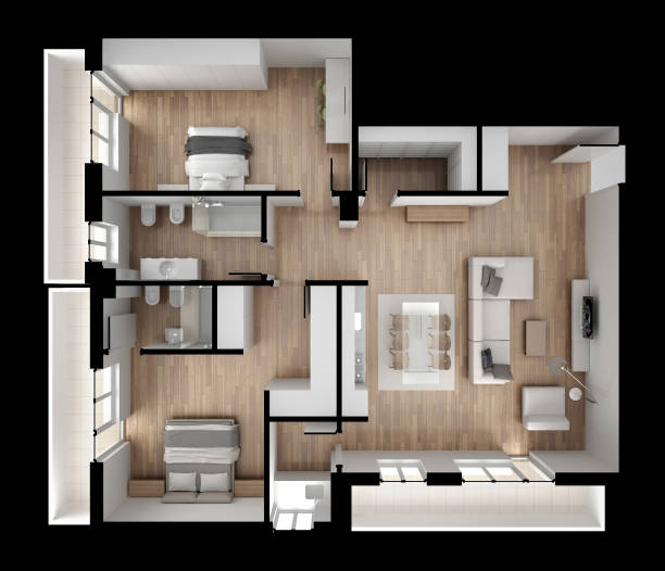 istock Apartment flat top view, furniture and decors, plan, cross section interior design, architect designer concept idea, dark black background 962447460