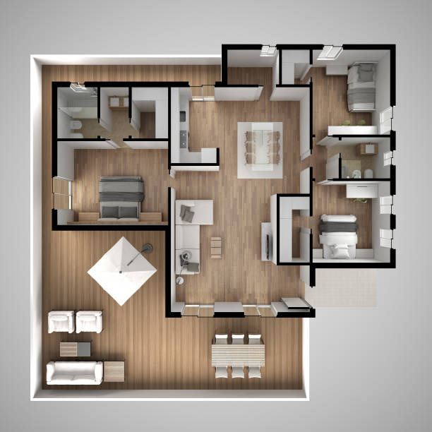 istock Apartment flat top view, furniture and decors, plan, cross section interior design, architect designer concept idea, gray background 962447528