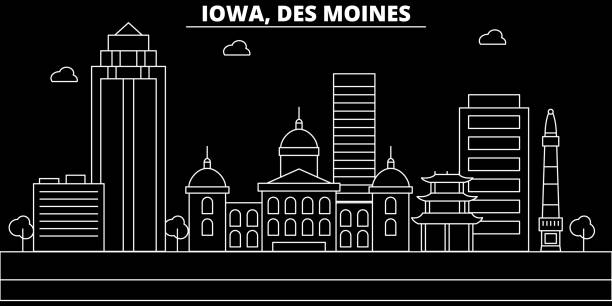 Des Moines silhouette skyline. USA - Des Moines vector city, american linear architecture, buildings. Des Moines travel illustration, outline landmarks. USA flat icon, american line banner Des Moines silhouette skyline. USA - Des Moines vector city, american linear architecture, buildings. Des Moines line travel illustration, landmarks. USA flat icon, american outline design banner des moines silhouette stock illustrations