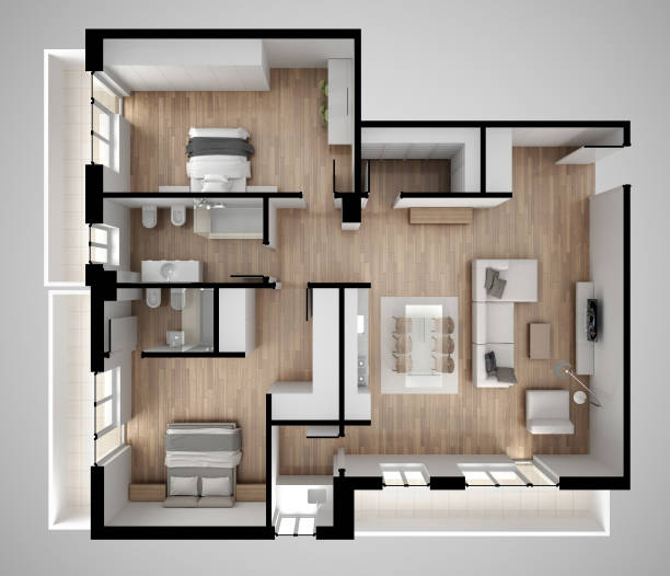 istock Apartment flat top view, furniture and decors, plan, cross section interior design, architect designer concept idea, gray background 962447604