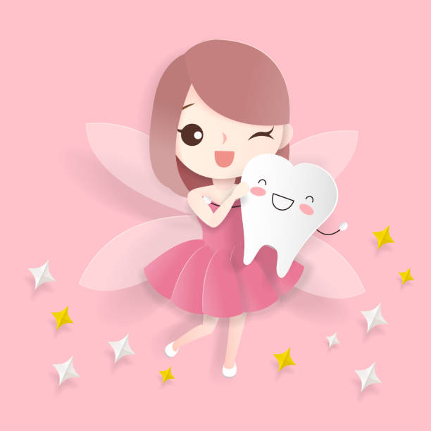 teeth with tooth fairy cute cartoon teeth with tooth fairy on the pink background pics of the godmother stock illustrations