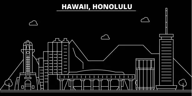 Vector illustration of Honolulu silhouette skyline. USA - Honolulu vector city, american linear architecture, buildings. Honolulu travel illustration, outline landmarks. USA flat icon, american line banner