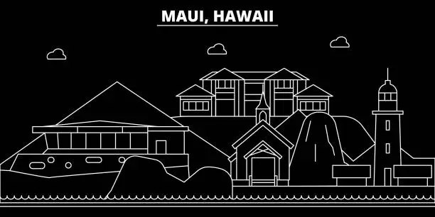 Vector illustration of Maui silhouette skyline. USA - Maui vector city, american linear architecture, buildings. Maui travel illustration, outline landmarks. USA flat icon, american line banner