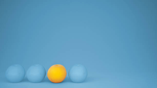 istock Outstanding OGM free orange contrasts with blue oranges on pastel background with copy space, natural healthy fruit concept idea 962448326