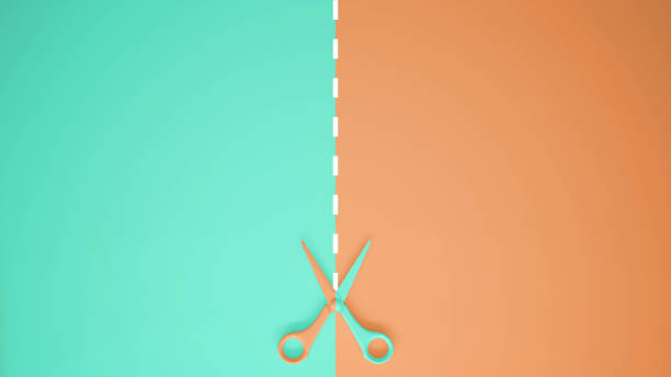 scissors with cut lines on pastel turquoise and orange colored background with copy space, template mockup concept idea - cut price imagens e fotografias de stock