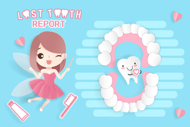teeth with tooth fairy cute cartoon teeth with tooth fairy on the blue background pics of the godmother stock illustrations