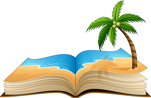 Vector illustration of open book with tropical beach and sunlight