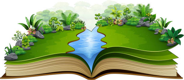 istock Open book with river and green plant of nature background 962451242