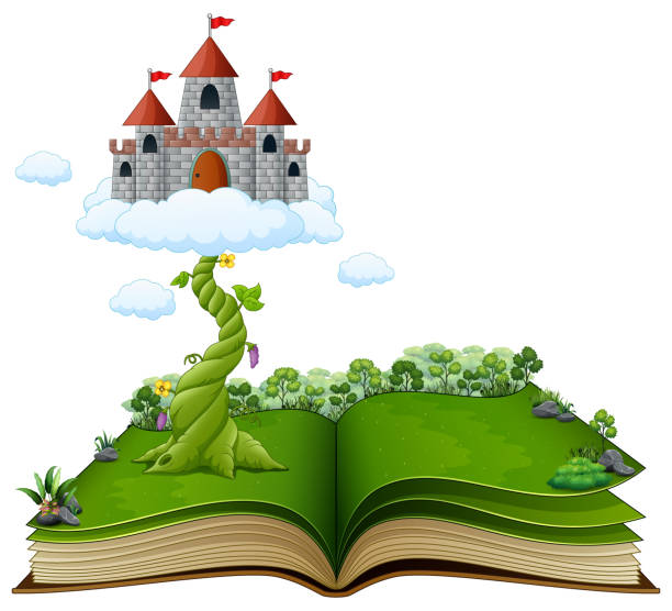 märchenbuch mit magische bohnenranke und schloss in den wolken - sky forest root tree stock-grafiken, -clipart, -cartoons und -symbole