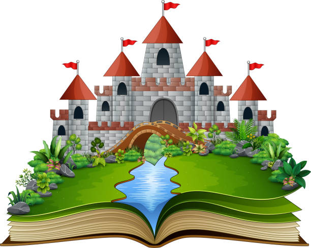 istock Story book with a castle and river in the green park 962451780