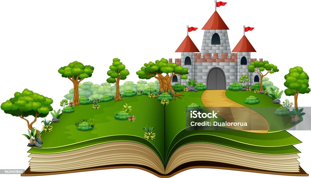 Story book with a castle in the green park Vector illustration of story book with a castle and river in the green park Fairy Tale stock vector