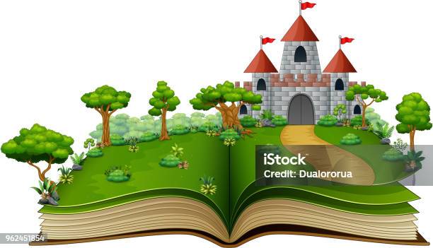 Story Book With A Castle In The Green Park Stock Illustration - Download Image Now - Fairy Tale, Book, Castle