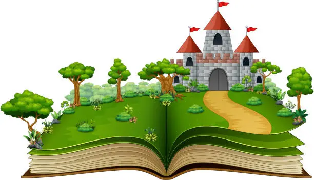 Vector illustration of Story book with a castle in the green park