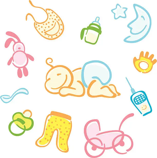 Vector illustration of baby and his things