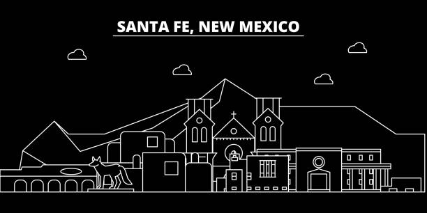 Santa Fe silhouette skyline. USA - Santa Fe vector city, american linear architecture, buildings. Santa Fe travel illustration, outline landmarks. USA flat icon, american line banner Santa Fe silhouette skyline. USA - Santa Fe vector city, american linear architecture, buildings. Santa Fe line travel illustration, landmarks. USA flat icon, american outline design banner new mexico landscape stock illustrations