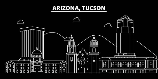 ilustraciones, imágenes clip art, dibujos animados e iconos de stock de horizonte de la silueta de tucson. estados unidos - tucson vector ciudad, arquitectura lineal americana, edificios. ilustración de viajes tucson, hitos de contorno. icono plano usa, banner de línea americana - arizona map outline silhouette