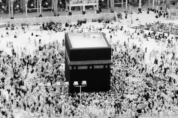 Prayer and Tawaf of Muslims Around AlKaaba in Mecca, Saudi Arabia, Aerial Top View