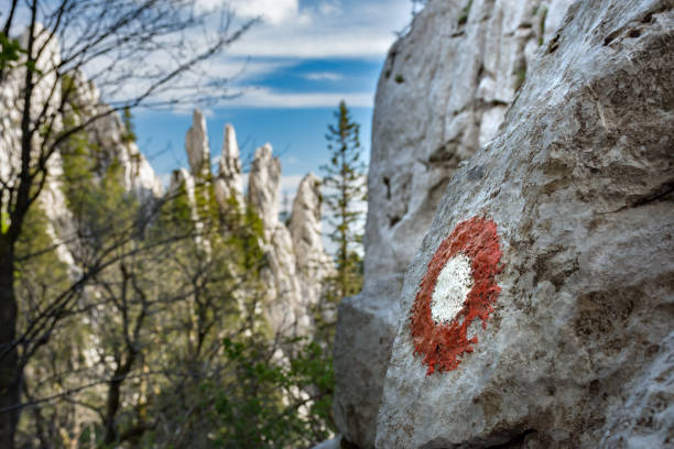 Trail marking along a footpath in Bijele stijene, a strict nature reserve in Gorski kotar, Croatia. Karst formations called Fingers in the background.