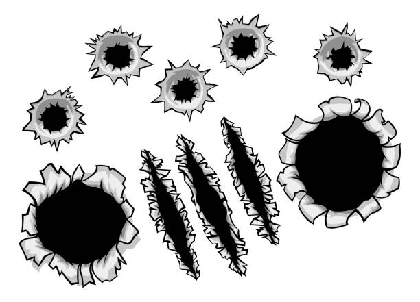 총알 구멍 및 발톱 찢어진 찢어진된 배경 - bullet hole exploding hole tearing stock illustrations