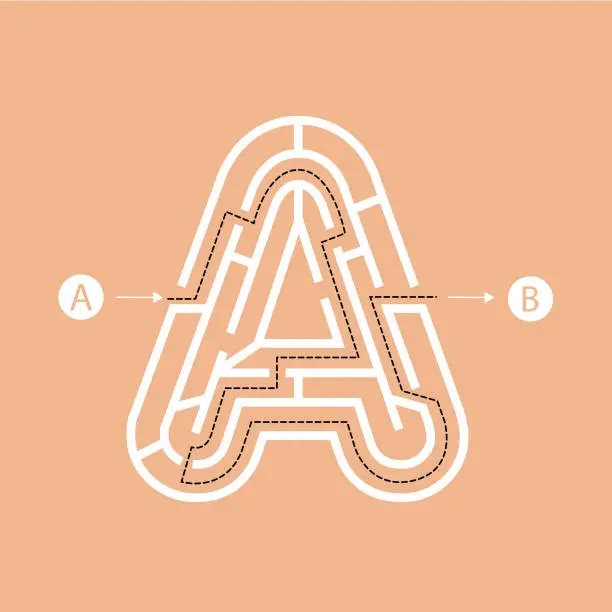 Vector illustration of Letter A shape Maze Labyrinth, maze with one way to entrance and one way to exit. Flat design, vector illustration.