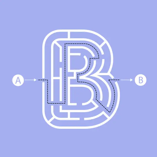 Vector illustration of Letter B shape Maze Labyrinth, maze with one way to entrance and one way to exit. Flat design, vector illustration.