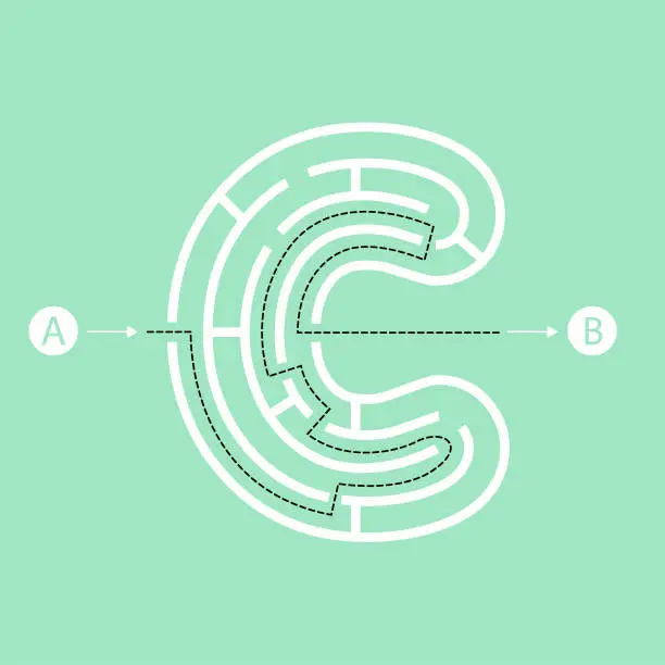 Vector illustration of Letter C shape Maze Labyrinth, maze with one way to entrance and one way to exit. Flat design, vector illustration.