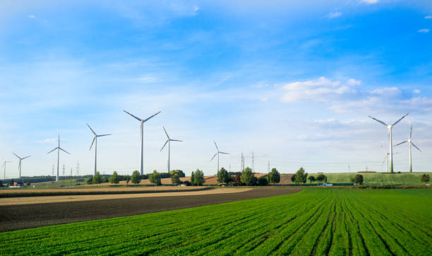 istock Wind turbines on the green field, landscape view with wind turbines 962476340