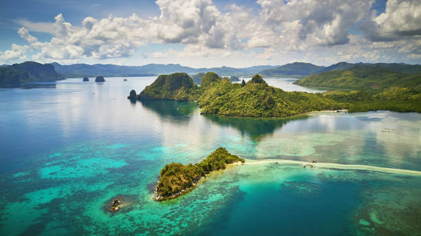 vue aérienne de l’ile aux serpents, el nido, palawan, philippines - palawan photos et images de collection