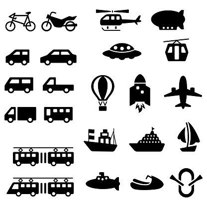 Set of black and white icon of transport vehicle.