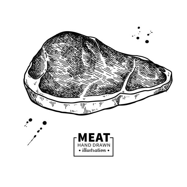 illustrations, cliparts, dessins animés et icônes de vecteur de bifteck de surlonge de dessin. croquis dessiné de main de viande rouge. illustration de nourriture gravé. - steak meat raw beef