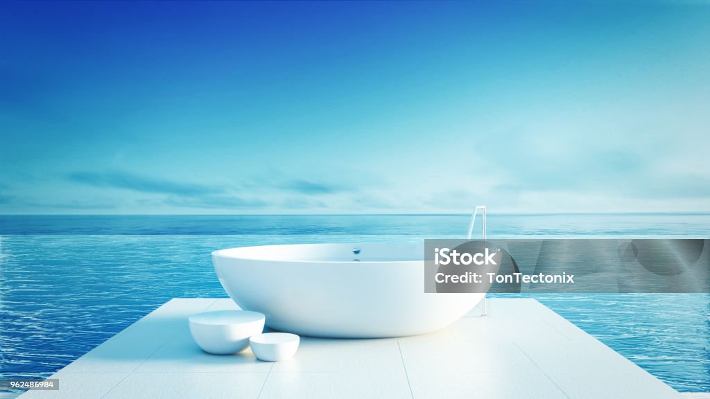 Beach bathroom - Luxury and modern hotel / 3D render interior Bathtub Stock Photo