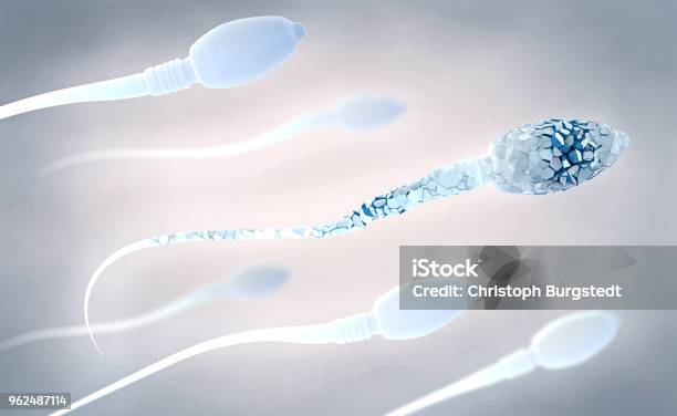 3d Illustration Of White Damaged Sperm Cells Swimming To The Right Stock Photo - Download Image Now