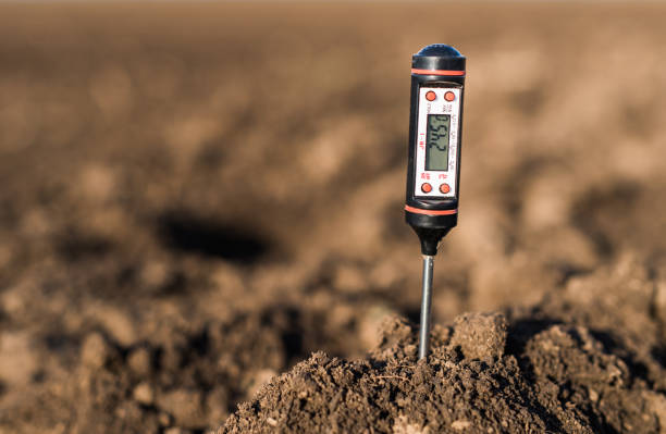 boden-messgerät für gemessene ph-wert, temperatur und feuchtigkeit im bereich - säure stock-fotos und bilder